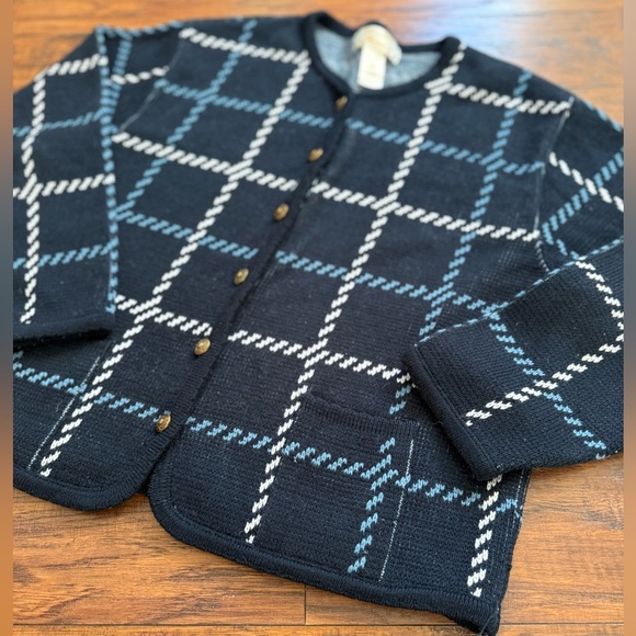 Vintage Tally Ho Blue White Checkered Knit Cardigan | Size Petite Large - Picture 3 of 8